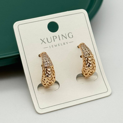 گوشواره ژوپینگ آویز نیمحلقهای طرح گندم با نگین، آبکاری طلایی، مناسب استفاده روزانه و مجلسی