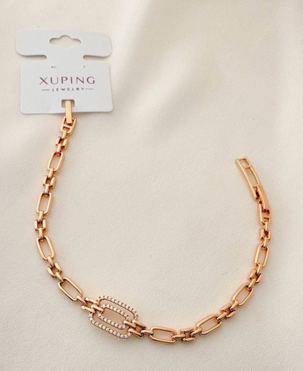 دستبند طلایی ژوپینگ زنجیری با نگینهای سفید و پلاک بیضی دوتایی