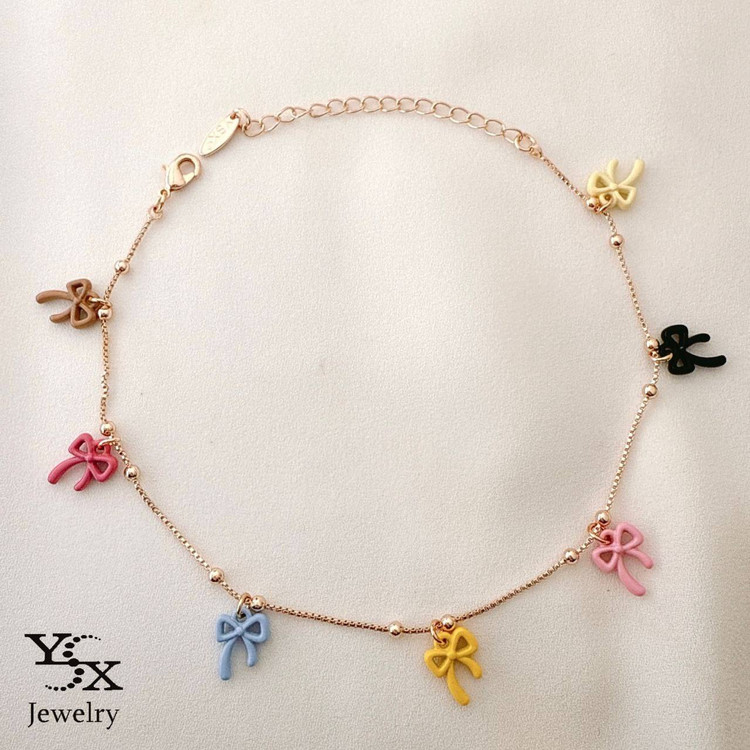 پابند رزگلد برند YSX با آویزهای پاپیون رنگی فانتزی