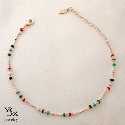 پابند طلایی زنانه برند YSX با نگینهای سنگی رنگی و قفل طوطی