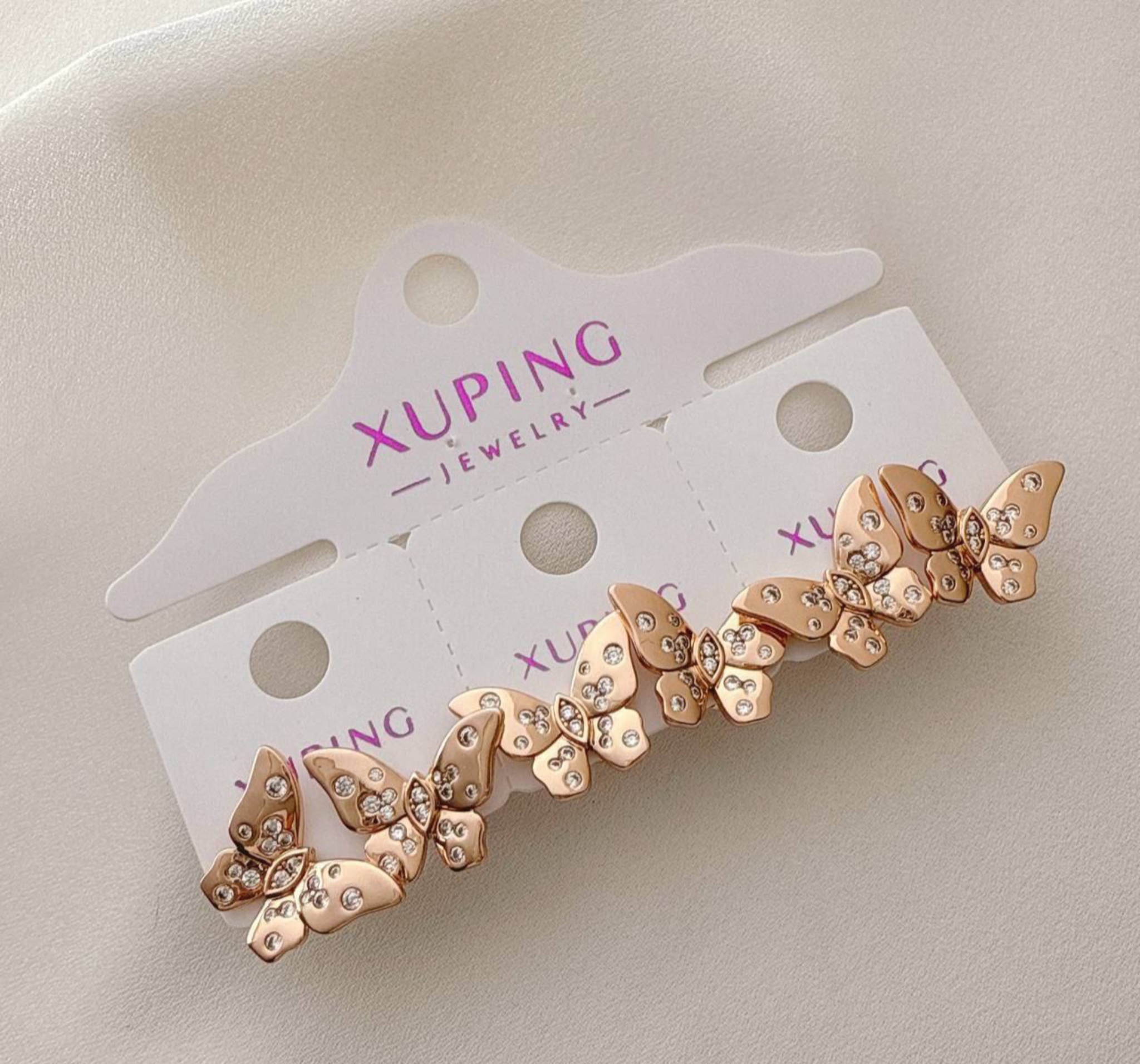 گوشواره میخی ژوپینگ طرح پروانه نگیندار - رنگ رزگلد - بدلیجات آبکاری طلا