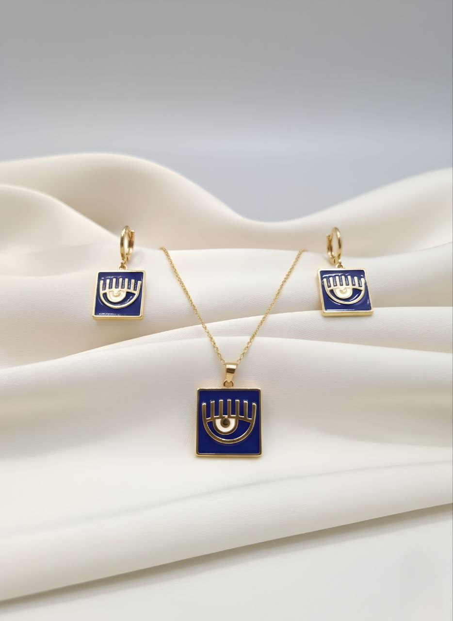 نیم ست بدلیجات YSX طلایی با پلاک مربعی سرمهای طرح چشم نظر