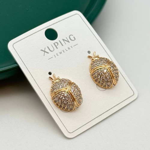 گوشواره میخی طلایی ژوپینگ طرح کفشدوزک با نگینهای درخشان