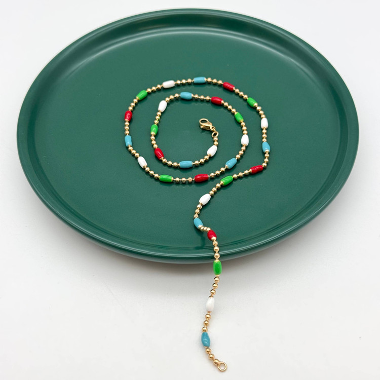 گردنبند طلایی ژوپینگ با دانه های ساچمه ای و مهره های رنگی