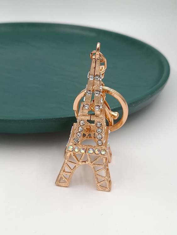 جاکلیدی فلزی طلایی طرح برج ایفل با تزئین نگینهای سفید