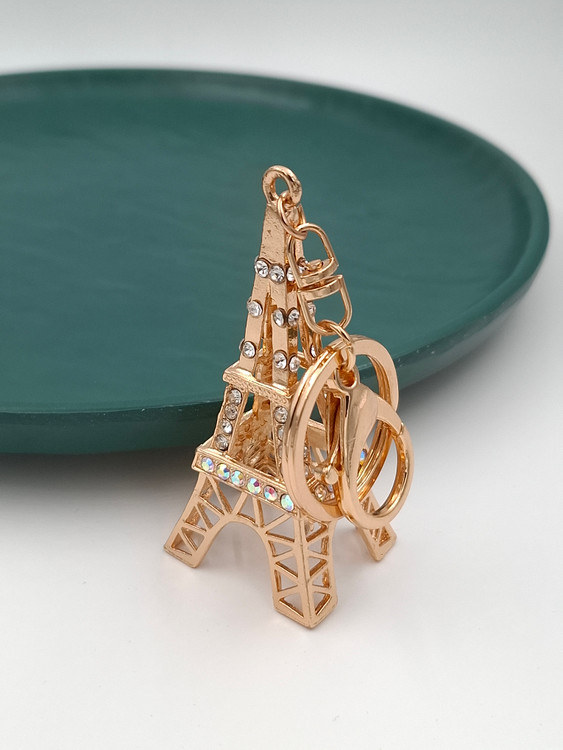 جاکلیدی فلزی طلایی طرح برج ایفل با تزئین نگینهای سفید