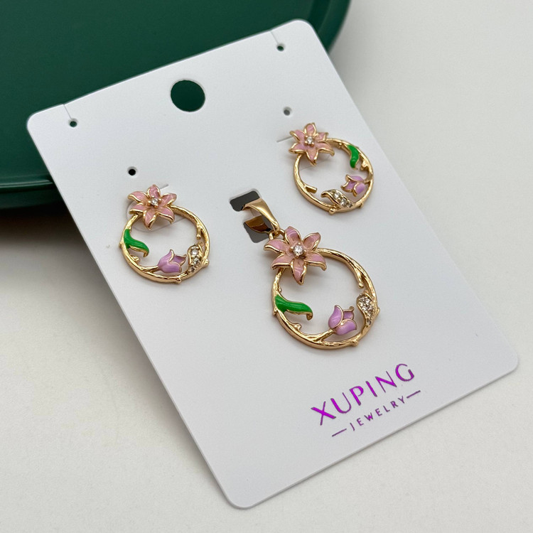 نیم ست دخترانه ژوپینگ شامل گوشواره و گردنبند طرح حلقه گل با میناکاری صورتی و بنفش