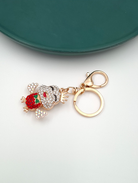 جاکلیدی نگیندار طرح جوجه با تاج طلایی و نگینهای قرمز و سفید