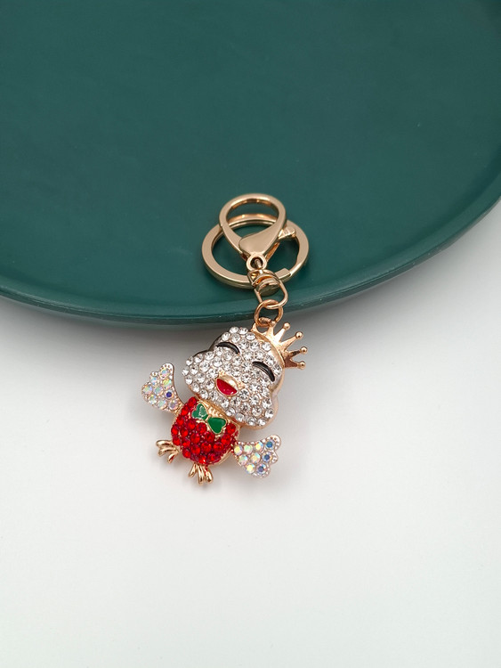 جاکلیدی نگیندار طرح جوجه با تاج طلایی و نگینهای قرمز و سفید