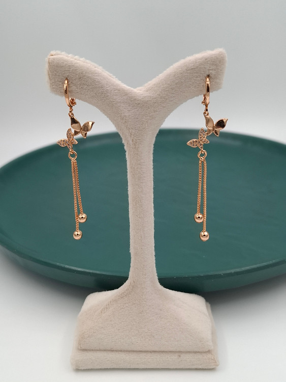 گوشواره رزگلد ژوپینگ طرح پروانه نگیندار با آویز زنجیری و گوی