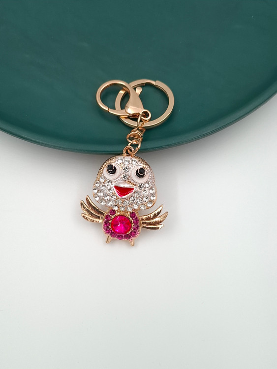 جاکلیدی طرح جوجه طلایی با تزئین نگینهای کریستالی سفید و صورتی