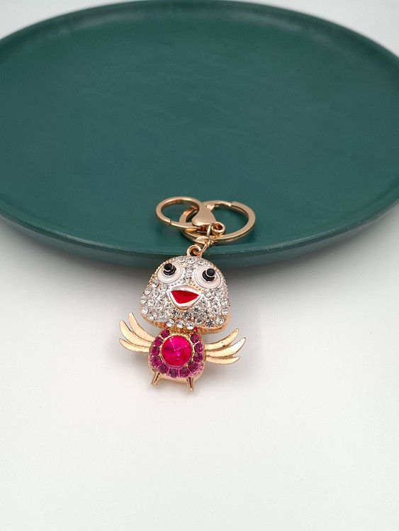 جاکلیدی طرح جوجه طلایی با تزئین نگینهای کریستالی سفید و صورتی