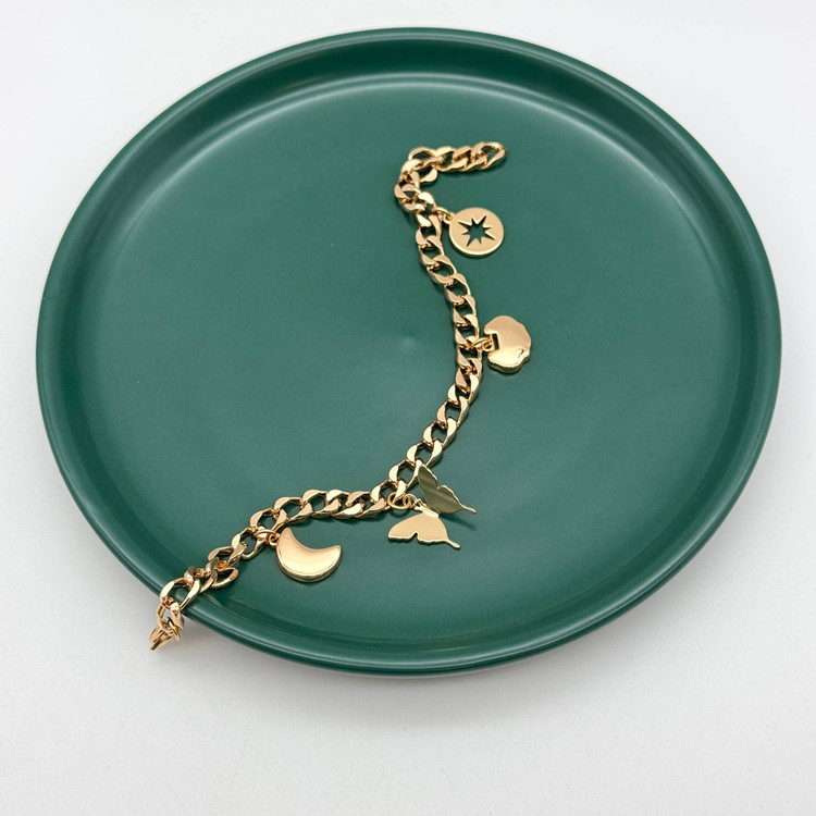 دستبند طلایی ژوپینگ طرح کارتیر با آویز ماه و پروانه